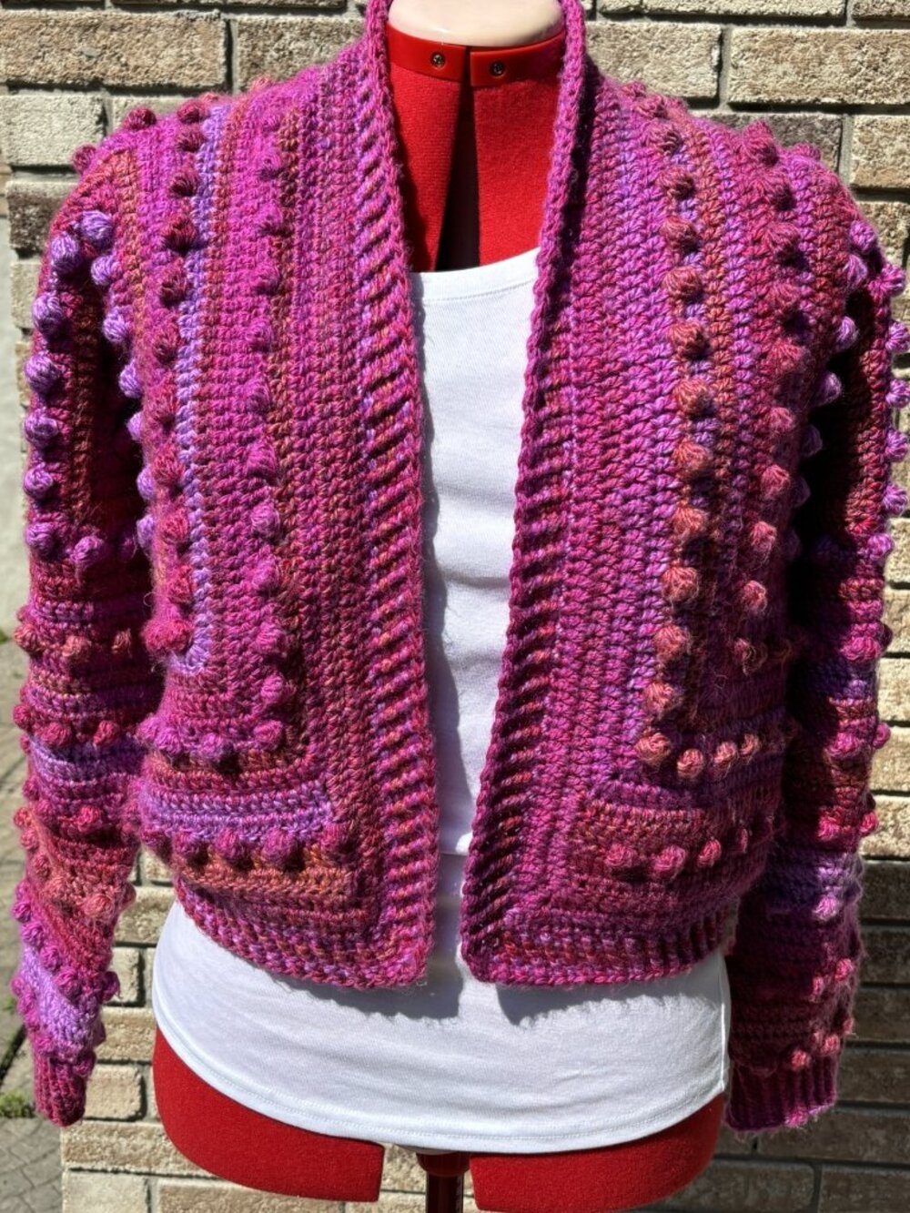 Hand Crocheted Bobble Cardigan | Pink Cropped Boho Sweater | Size M - L